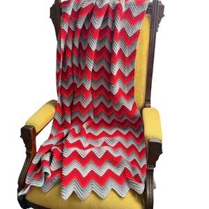 Handmade Chevron Zigzag  Crochet Blanket Throw Red Gray Pattern For Home Decor